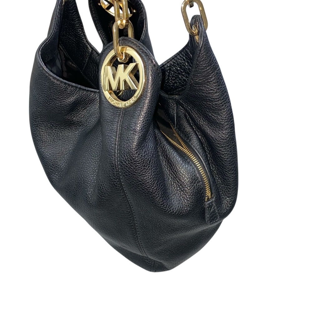 Michael Kors Fulton Shoulder Bag Black Pebble Leather Gold Tone Chain and Logo - Picture 2 of 16